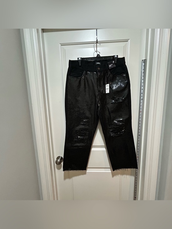 Express Denim - Express womens size 10S Black straight high rise Jeans. Shiny sequins Distressed